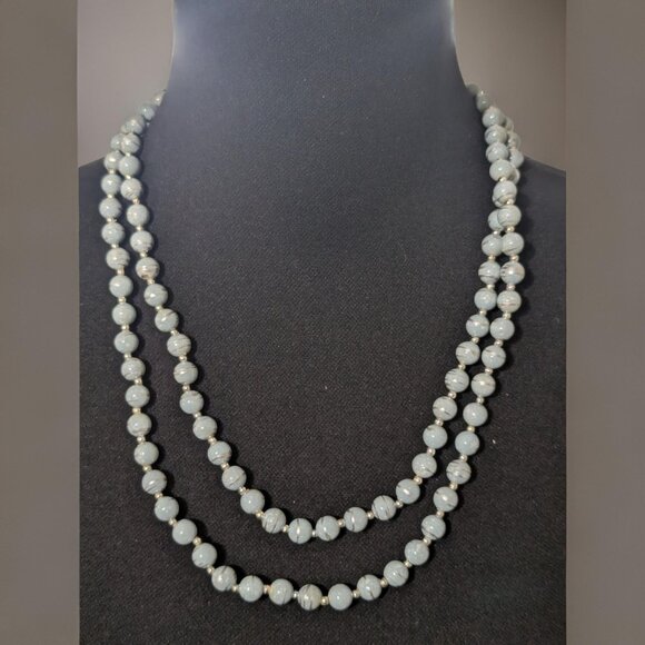 Very Long Double Wrap 1980s Blue and Silver Tiger Striped Beaded Necklace - Picture 1 of 4